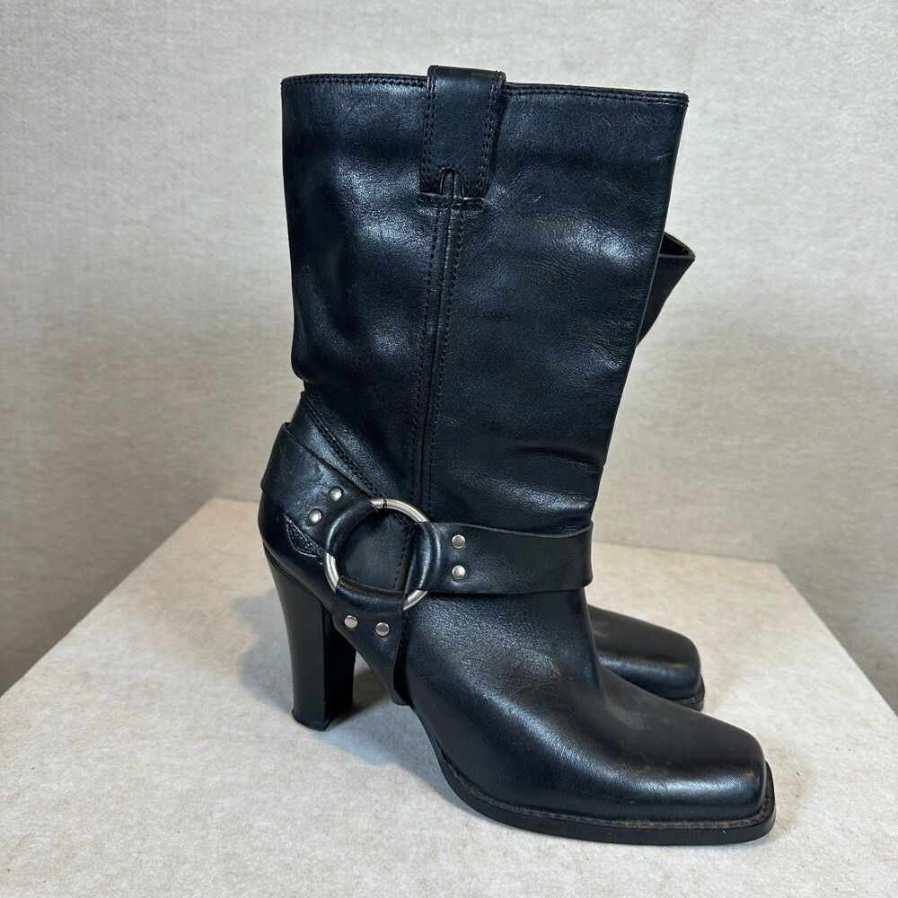Harley-Davidson Black Leather Harness Moto Biker Heel Boots Womens 9 85218